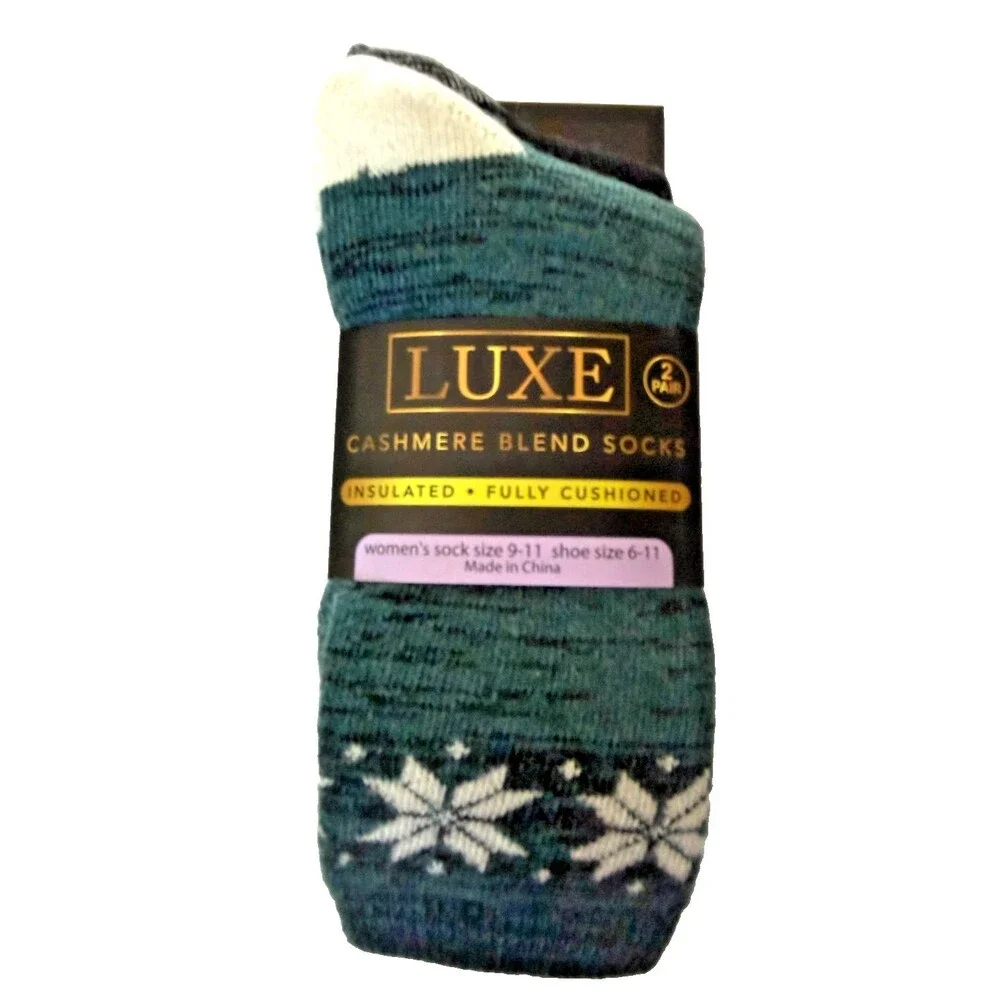 Luxe Cashmere Blend Ladies Reindeer Socks Green Snowflake and Black 2 Pair